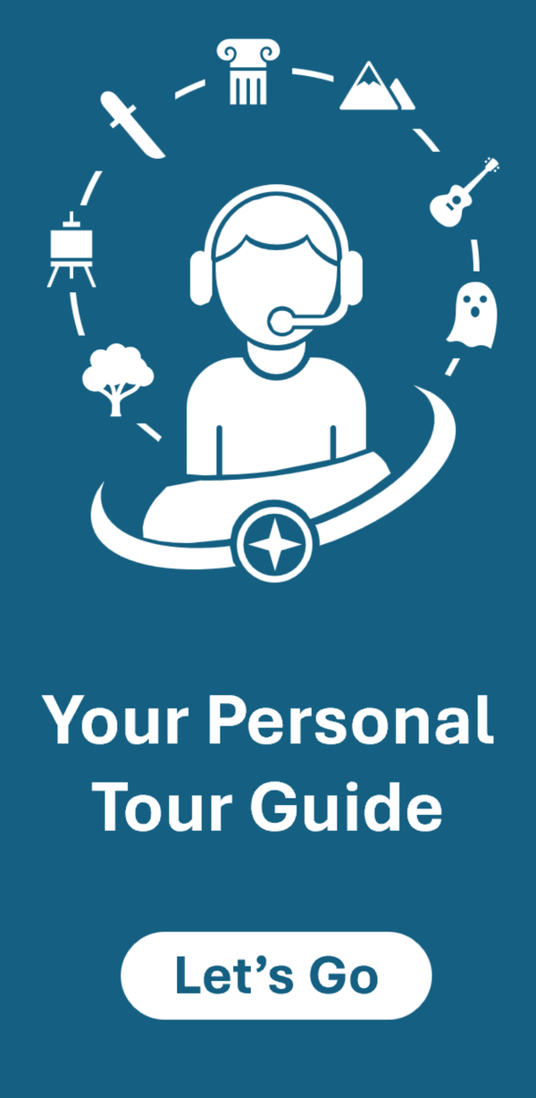 USTourGuide app welcome screen: Your Personal Tour Guide, ringed by category icons, with a Let's Go button