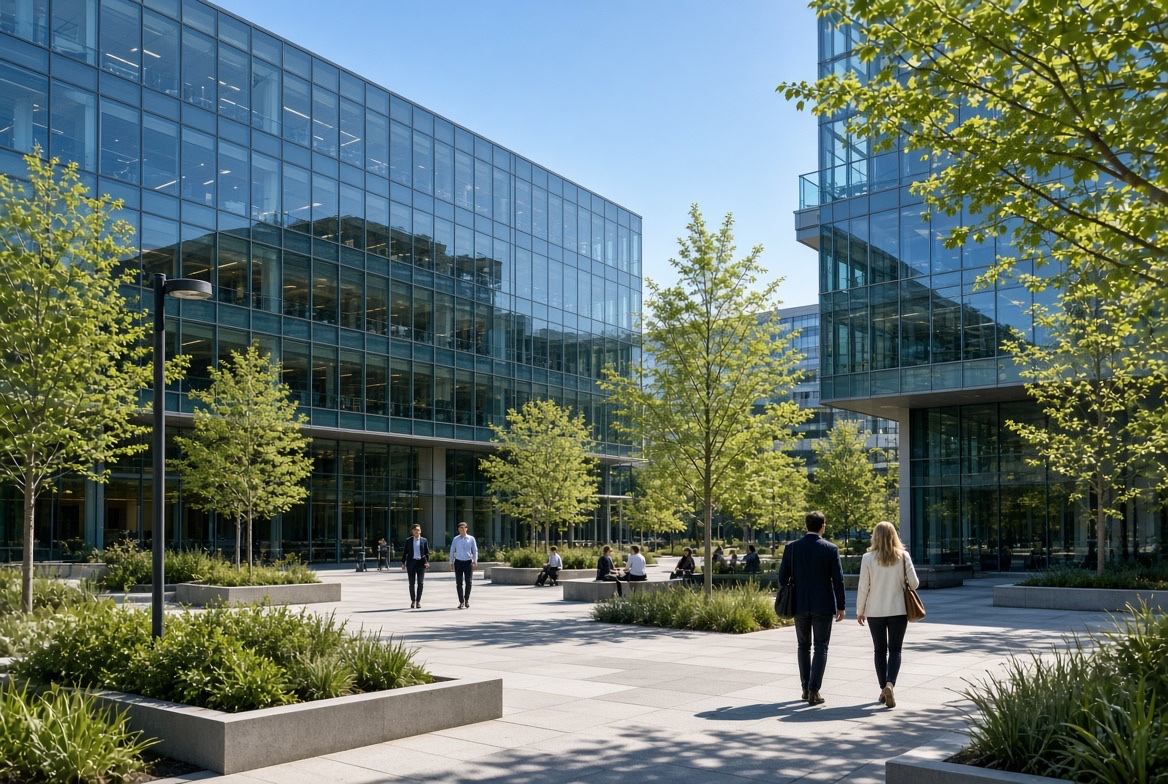 A planted plaza between glass corporate buildings with people walking through