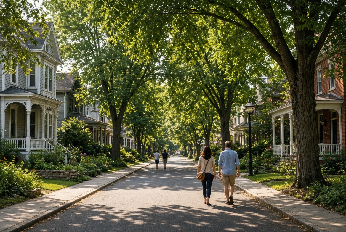 A couple strolling a tree-arched street of Victorian homes
