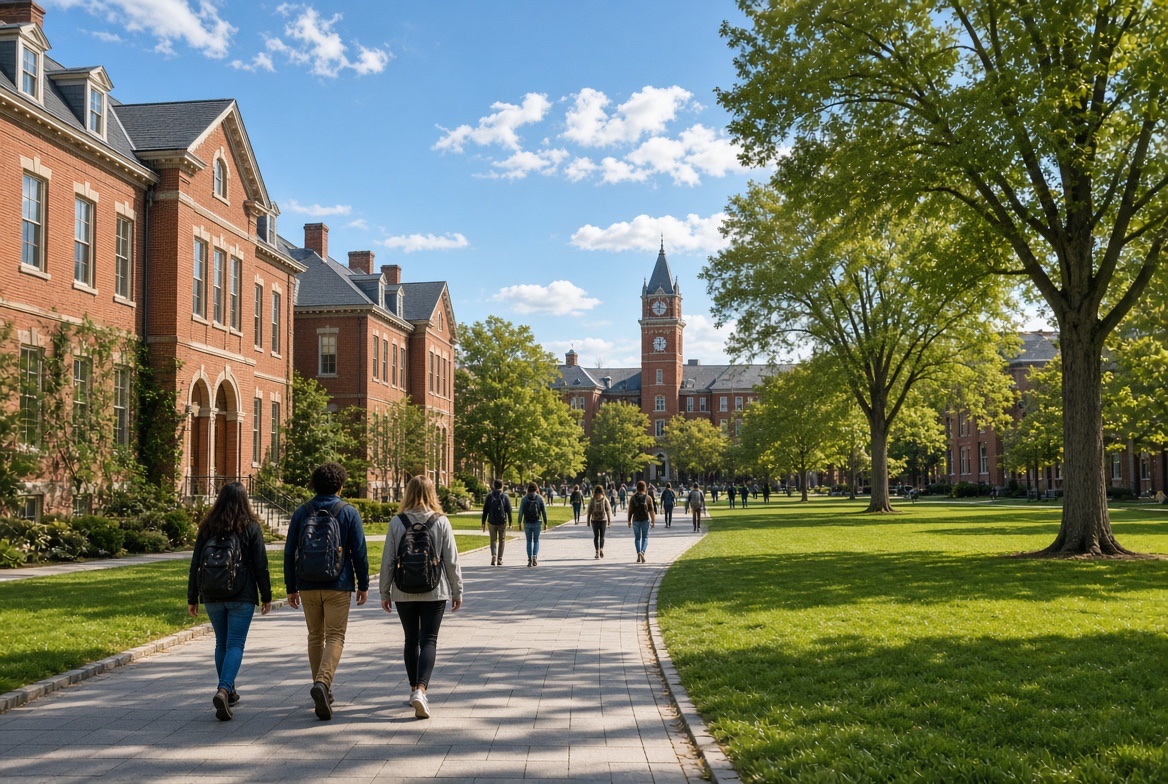 Students crossing a brick campus quad beneath a clocktower on a sunny day