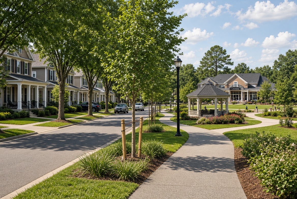 A planned-community street with sidewalks, young trees, and a neighborhood gazebo
