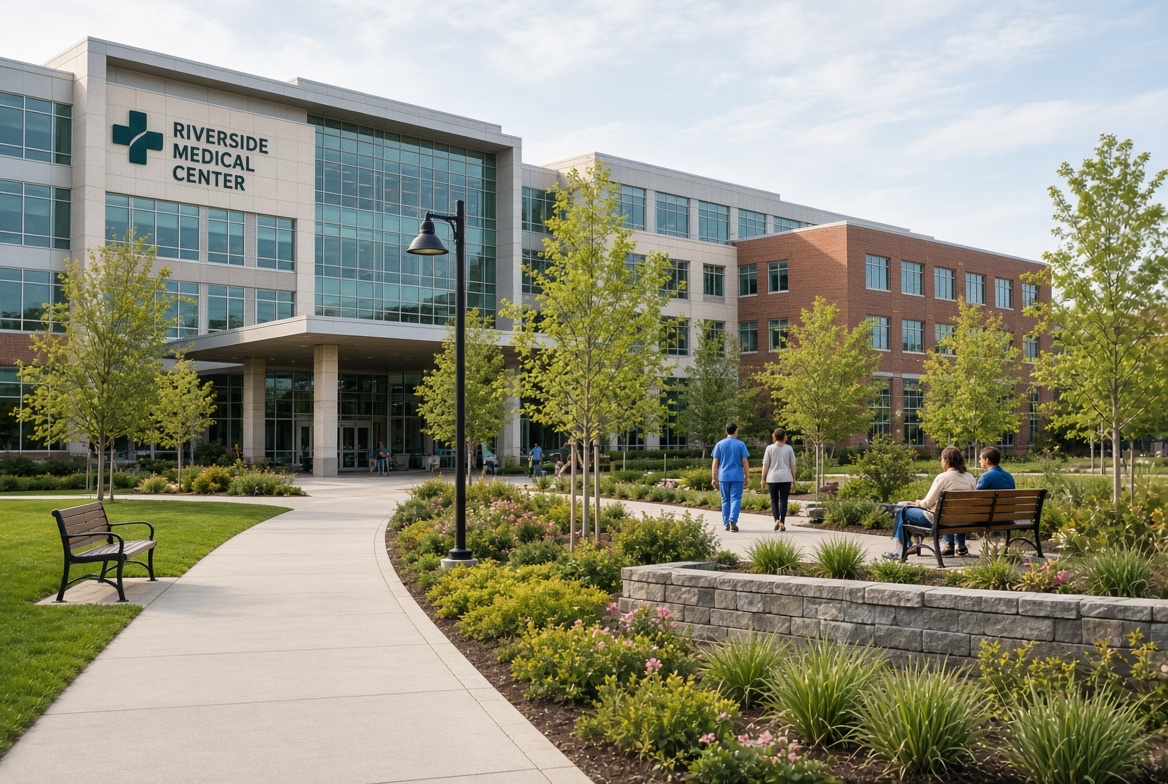 The landscaped entrance garden of a fictional Riverside Medical Center campus
