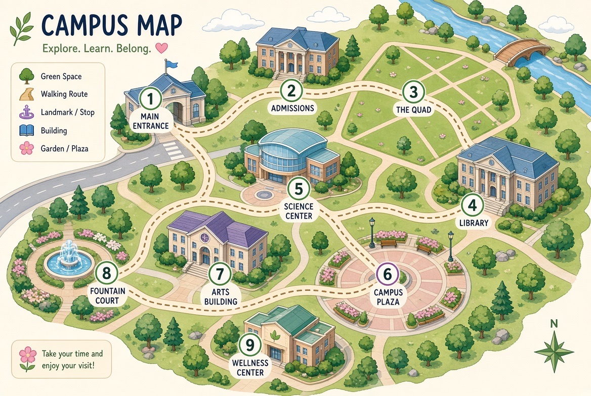 A stylized illustrated campus map with a numbered walking route past the main entrance, quad, library, and campus plaza