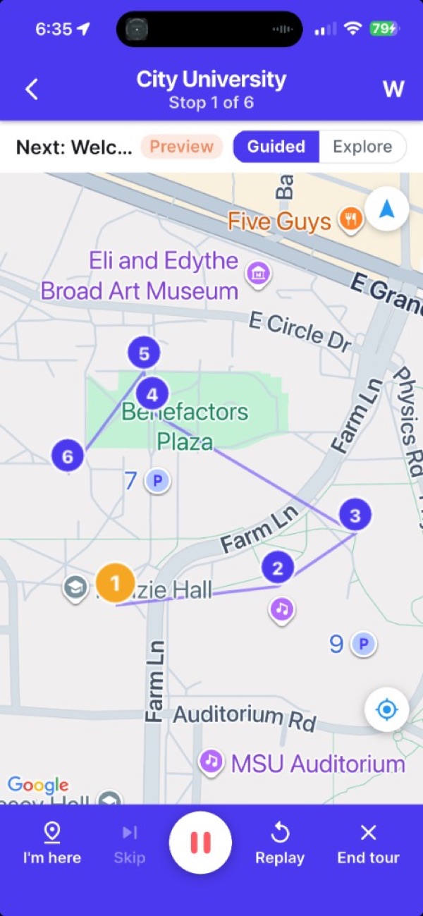 City University in the USTourGuide app: numbered campus stops on the route map with tour playback controls