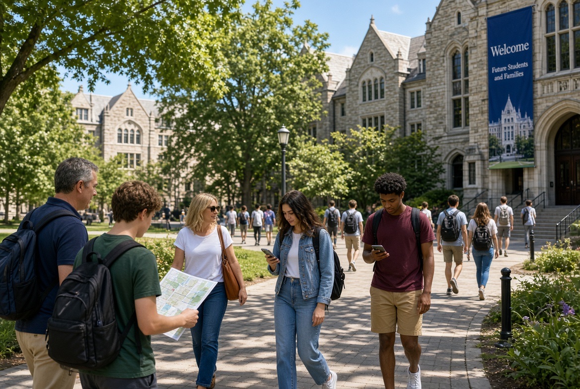 New students with a campus map beneath a welcome banner on a stone campus