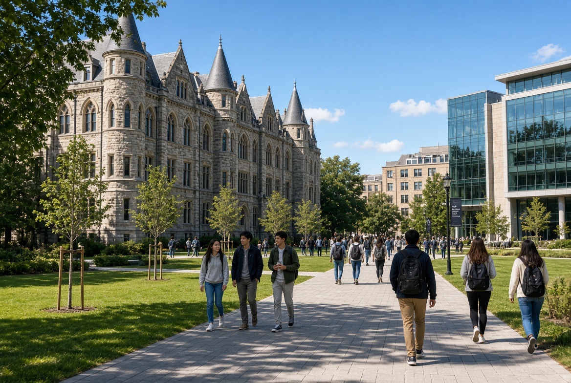 A grand stone academic hall beside a modern glass building as students walk the green