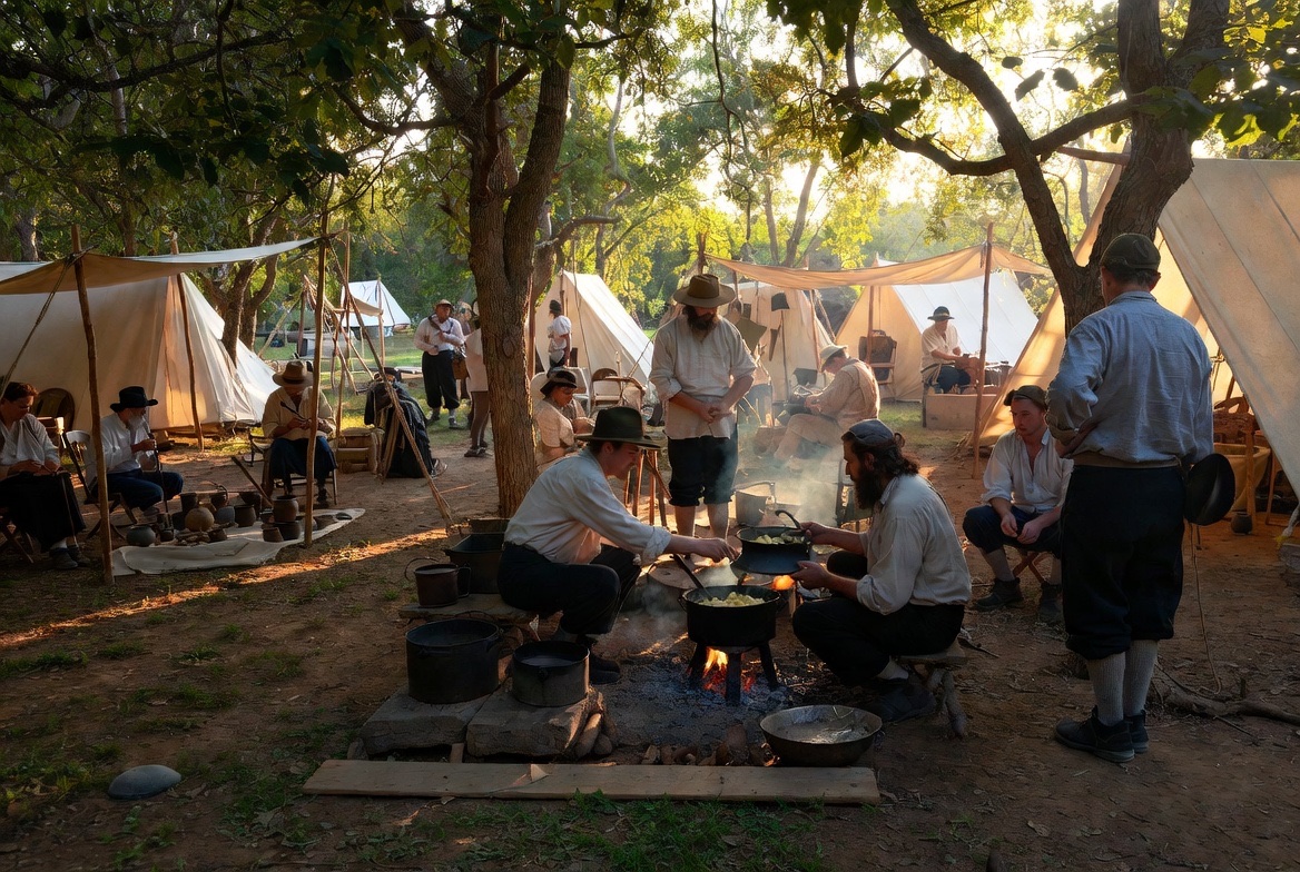 A period encampment at dusk: cooks at an open fire among canvas tents beneath old trees