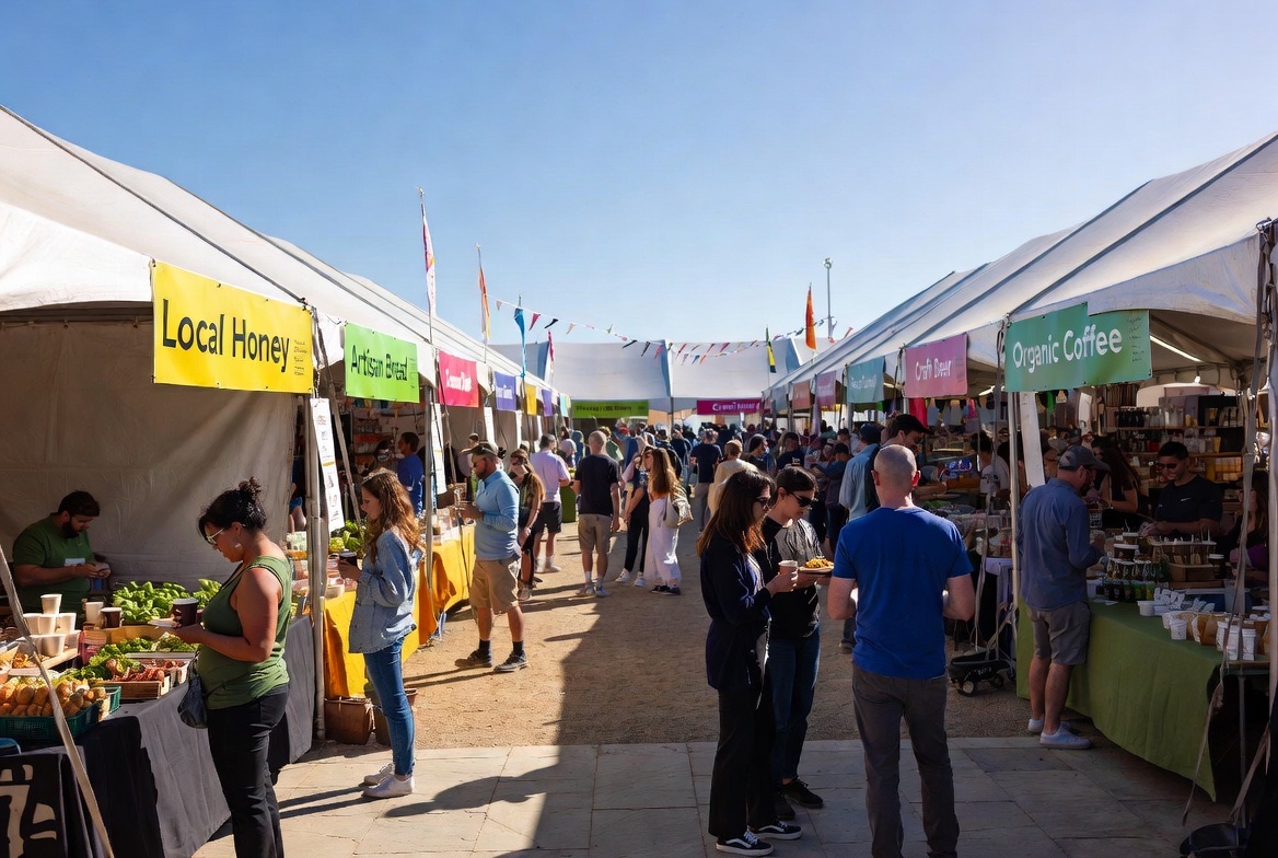 A sunny row of vendor tents with signs for local honey and organic coffee as visitors browse