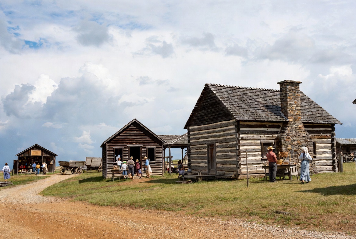 Log cabins along a dirt lane with visitors and costumed interpreters at a frontier village