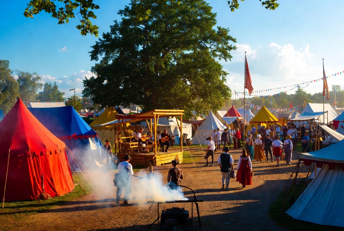 A living-history festival in golden light: colorful tents, banners, a cooking fire, and families walking the grounds
