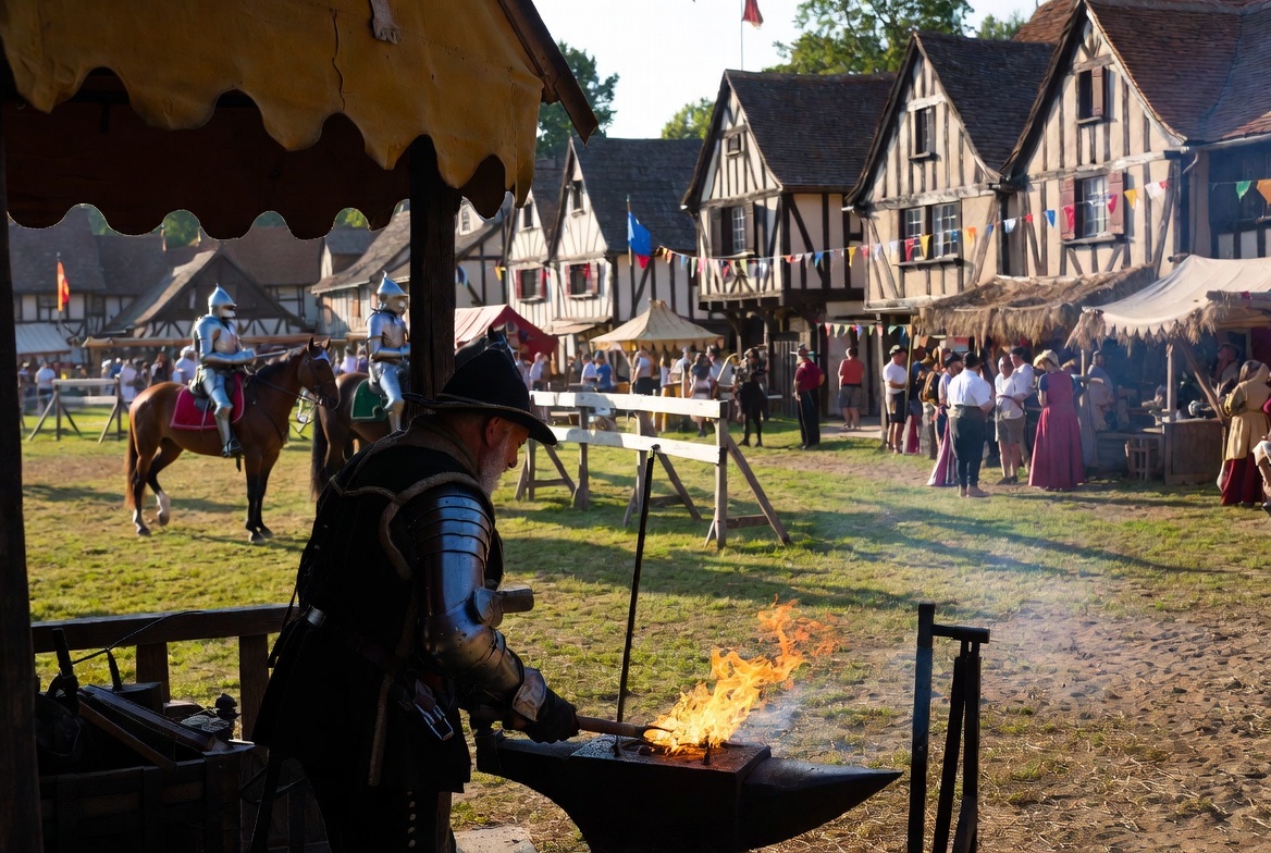 A blacksmith in armor working a forge before half-timbered fair buildings and a mounted knight