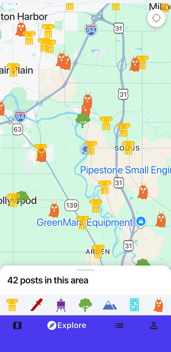 Explore map in the USTourGuide app showing 42 posts in this area, with category markers scattered across the map