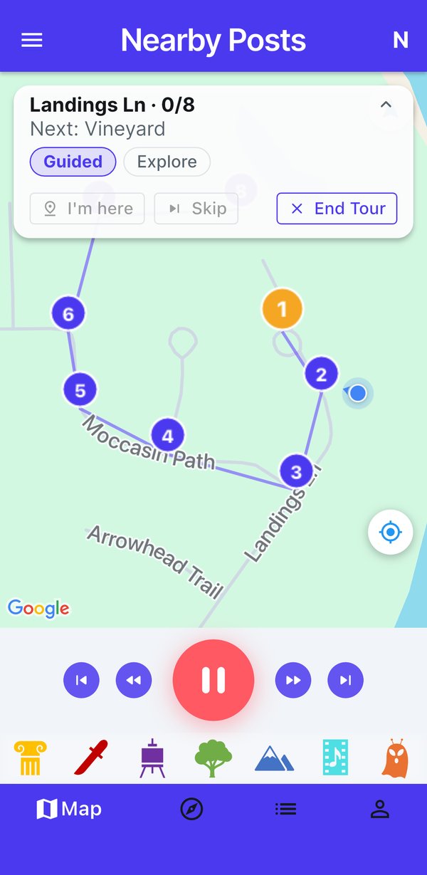A guided tour in the USTourGuide app: Landings Ln, stop 0 of 8, with a numbered route drawn on the map and audio playback controls