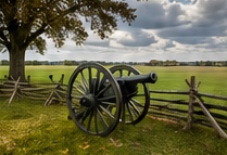 Illustration: a cannon beside a split-rail fence on an open battlefield