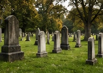 Illustration: weathered headstones under old trees in a historic cemetery