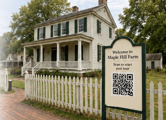 A late-1800s historic house behind a picket fence, with a sign reading Welcome to Maple Hill Farm — scan to start your tour — carrying a QR code