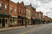 Illustration: a historic brick main street of two-story storefronts