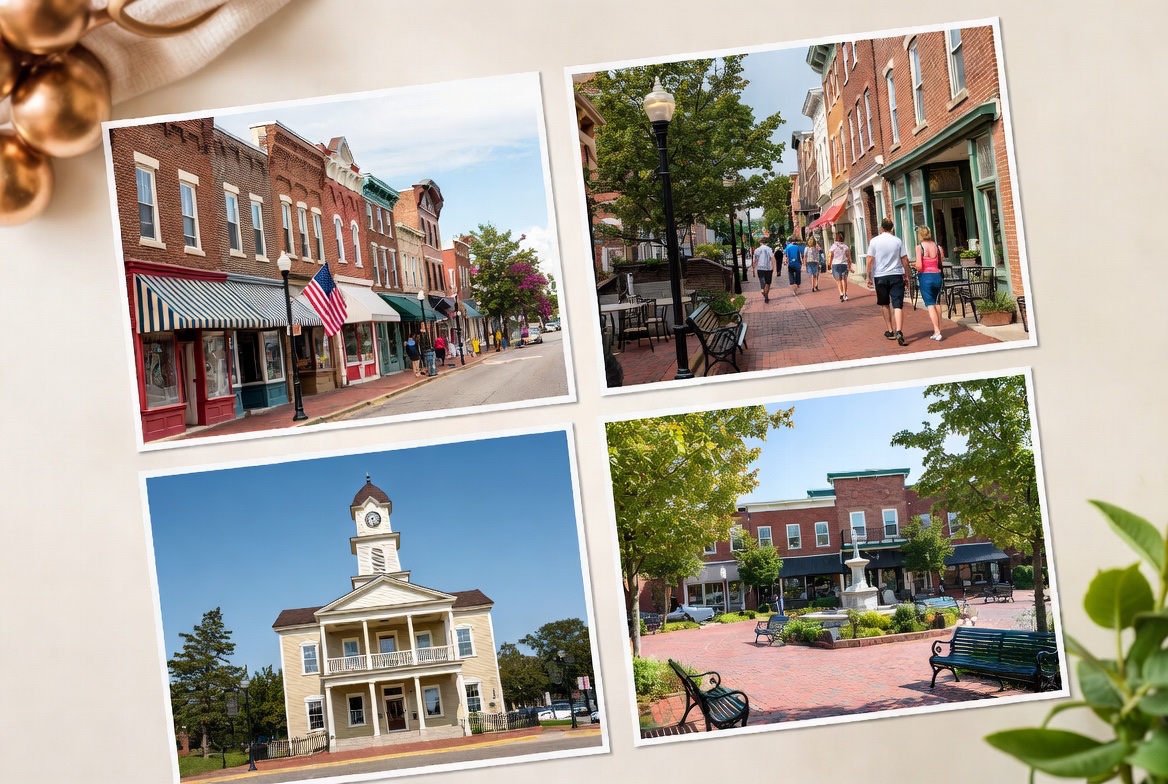 Postcard scenes of a small-town downtown: main-street storefronts, a historic courthouse, and a town square