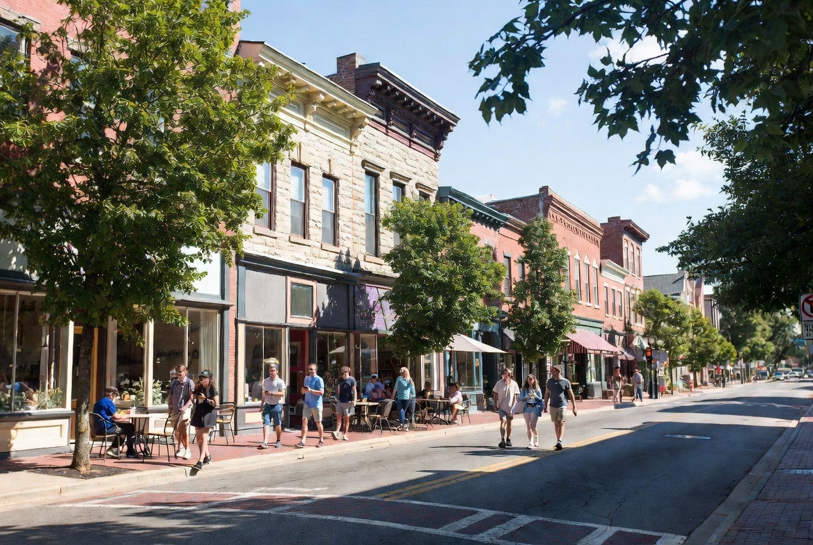 A sunlit small-town main street with storefronts, sidewalk tables, and people strolling