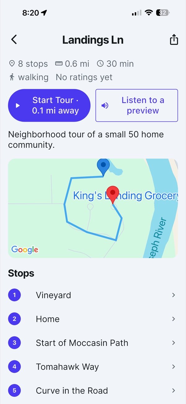 A tour page in the USTourGuide app with a stop list, route map, and a Start Tour button