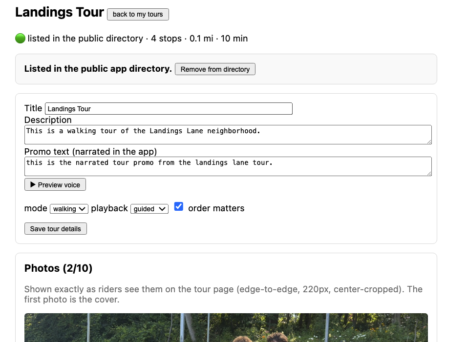 The USTourGuide web portal tour-edit page: directory listing status, title, description, narrated promo text with voice preview, and tour photos