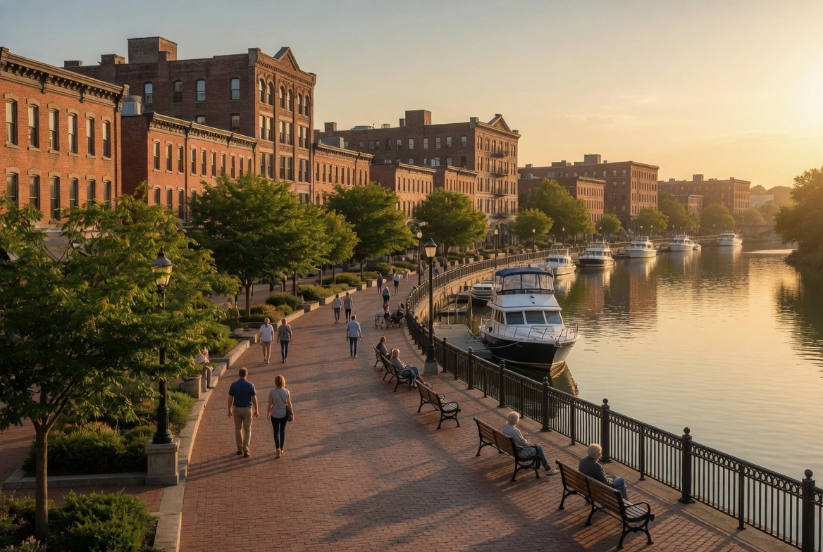 A brick riverwalk promenade at sunset with benches, boats, and historic buildings along the water
