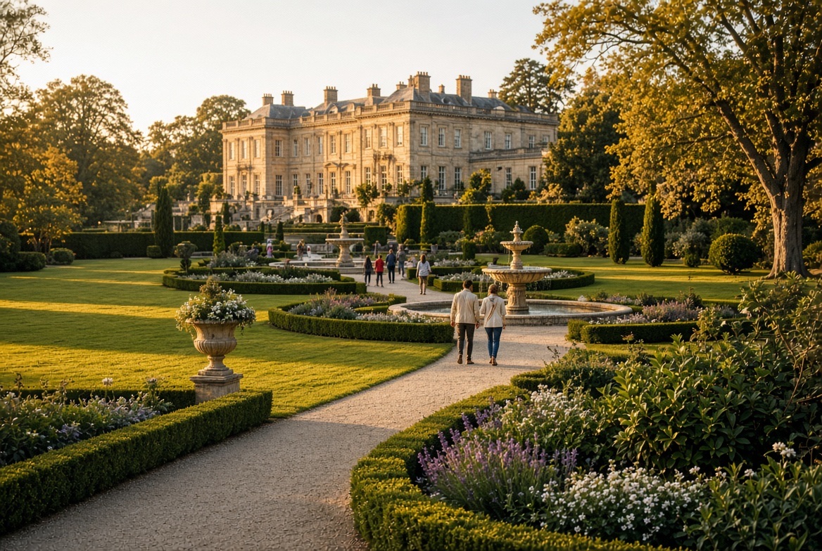 A grand manor house above formal parterre gardens at golden hour