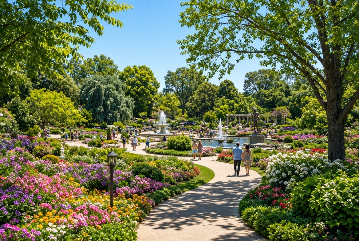 A flower garden in full bloom with fountains and winding paths