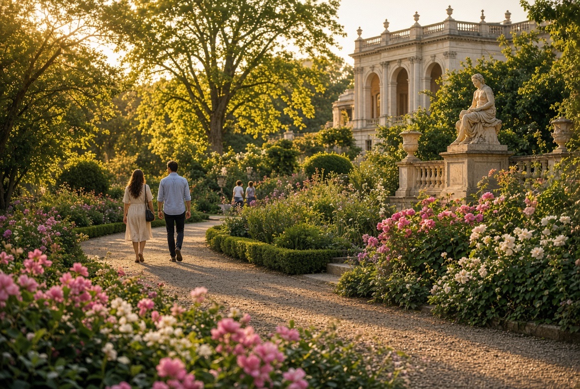 A gravel garden path at golden hour, lined with roses, leading past a statue toward a classical building