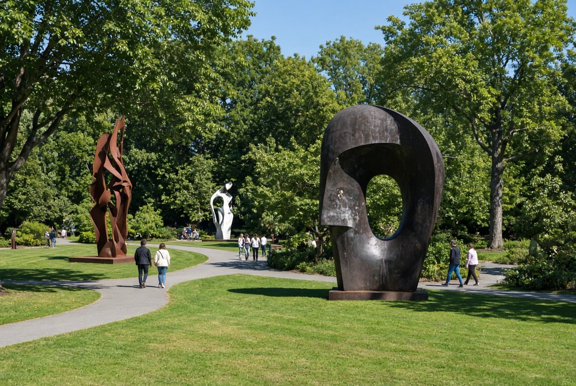 Large bronze sculptures on a lawn as visitors walk a curving path
