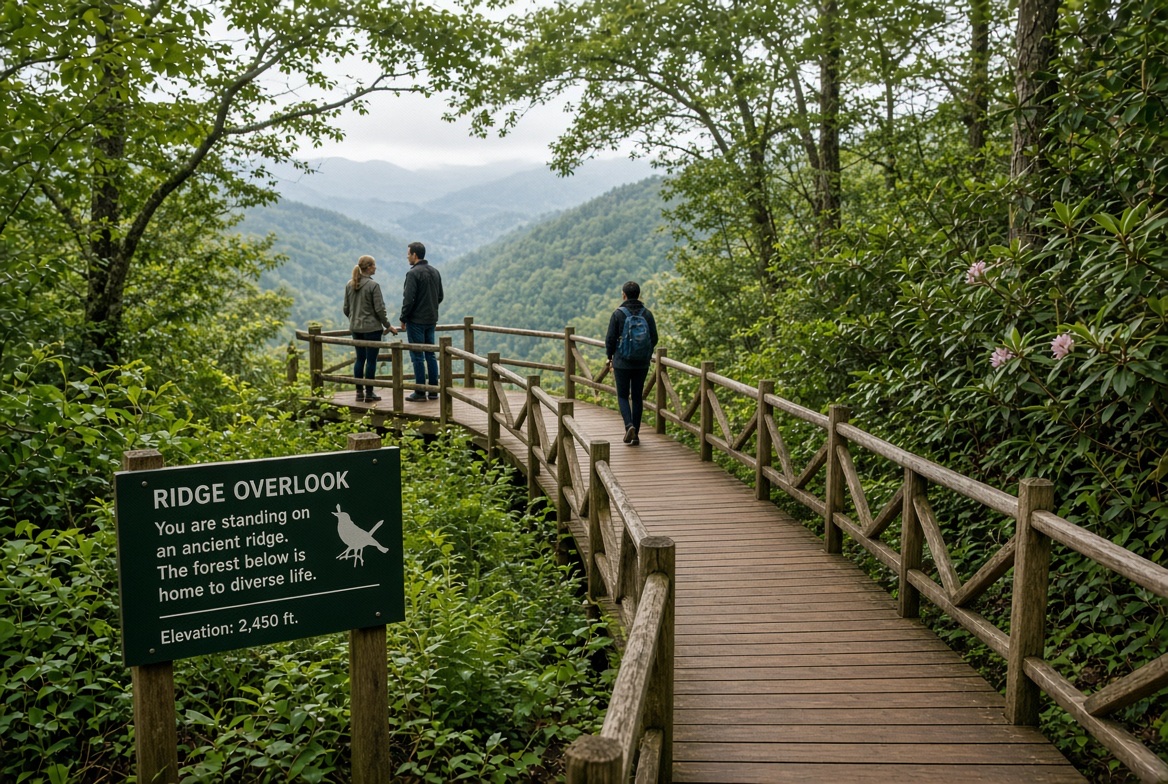 A boardwalk trail at a mountain ridge overlook with an interpretive sign
