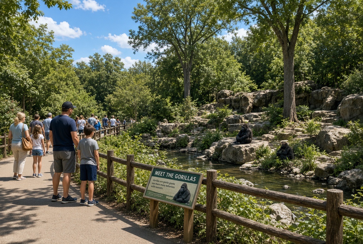 Families at a naturalistic gorilla habitat beside a Meet the Gorillas interpretive sign