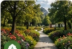 A garden path through flowering beds and trees