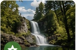 A waterfall pouring over a forested ledge