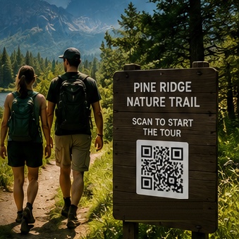 Two hikers walking a forest trail past a wooden Pine Ridge Nature Trail sign that reads scan to start the tour, with a QR code