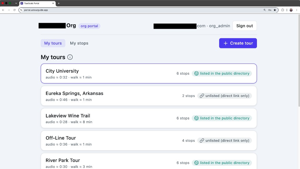 The USTourGuide web portal My tours page, listing tours with public-directory or unlisted status