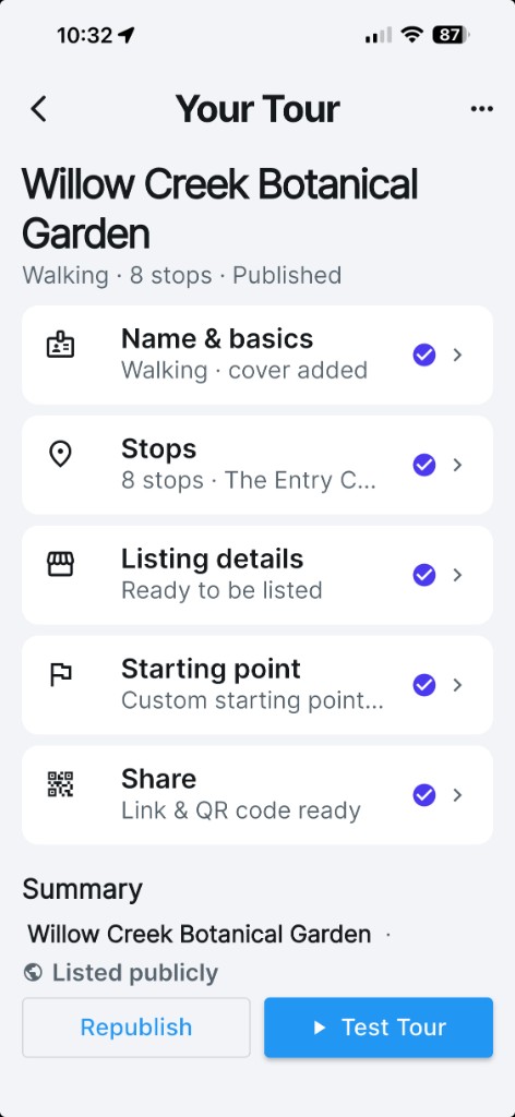 Your Tour in the USTourGuide app: name, stops, listing, starting point, and share checklist, with Test Tour