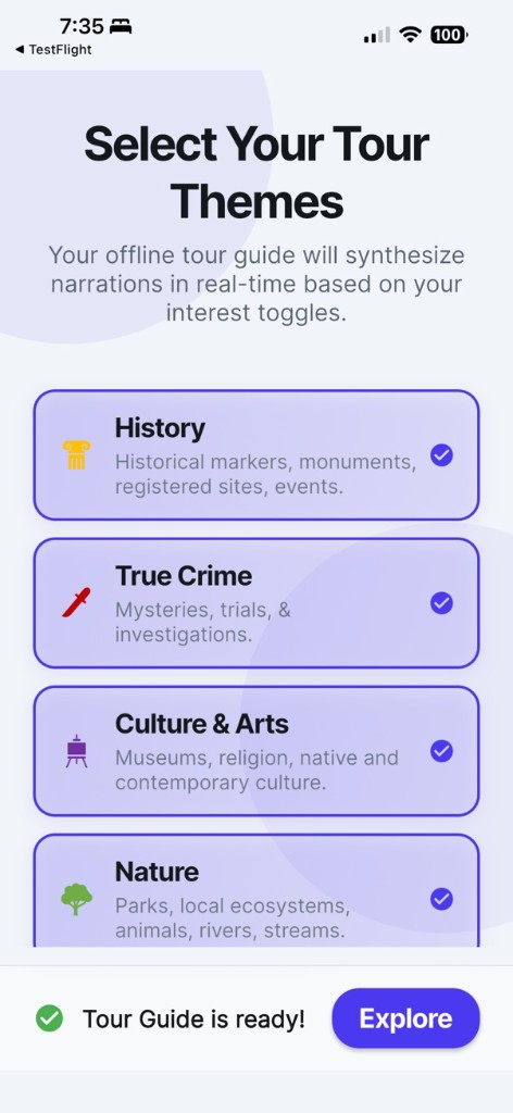 Select Your Tour Themes in the USTourGuide app: History, True Crime, Culture & Arts, Nature, and more