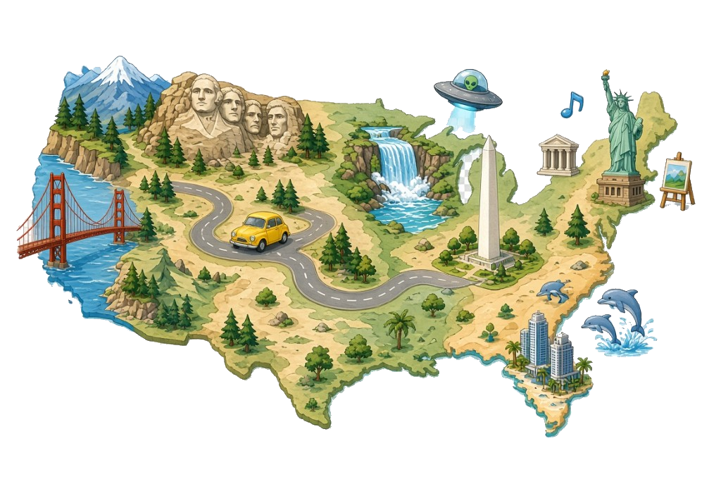 Illustration: a pictorial map of the United States with landmarks from coast to coast