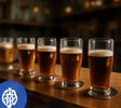 A warm taproom with taps and barstools