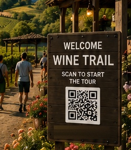 Visitors walking a vineyard path past a wooden Welcome Wine Trail sign that reads scan to start the tour, with a QR code