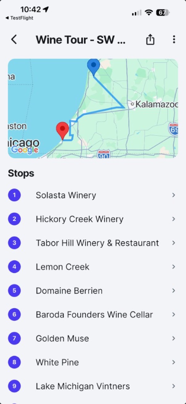 A wine-tour page in the USTourGuide app with a stop list and route map