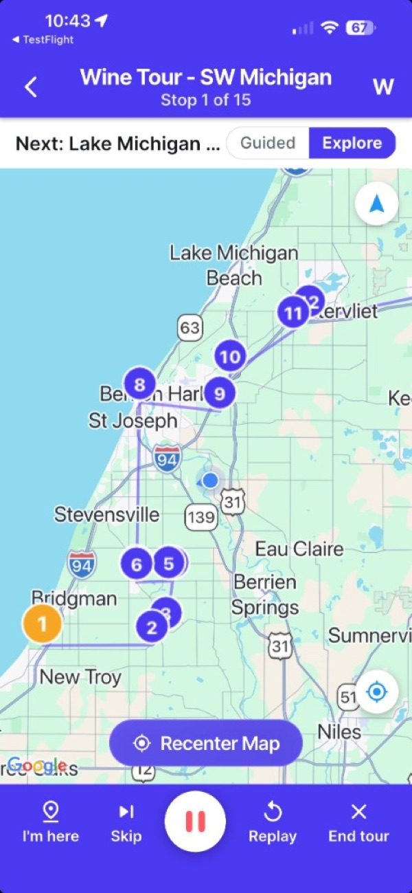 Wine Tour — SW Michigan in the USTourGuide app: numbered stops on a regional route map with tour playback controls